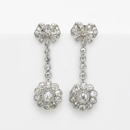 Antique Victorian Old Cut Diamond Bow and Cluster Drop Earrings in Platinum, 2.72 carat total