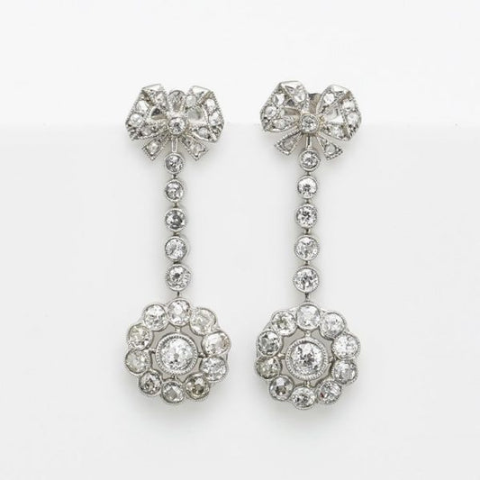 Antique Victorian Old Cut Diamond Bow and Cluster Drop Earrings in Platinum, 2.72 carat total