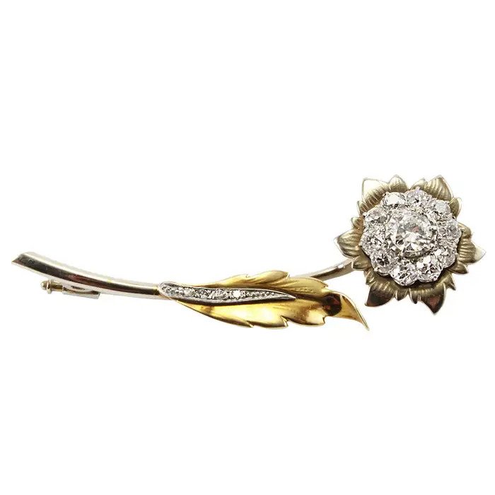 Vintage 2ct Old Cut Diamond Set Gold Flower Brooch