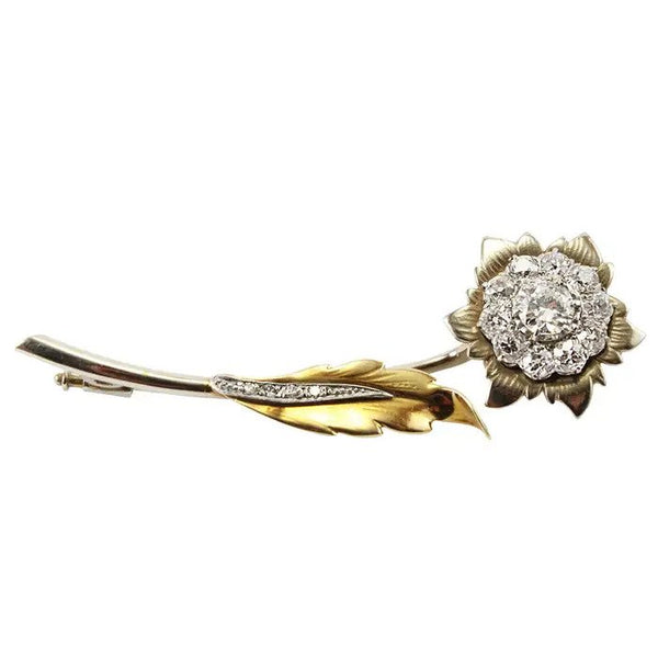 Vintage 2ct Old Cut Diamond Set Gold Flower Brooch