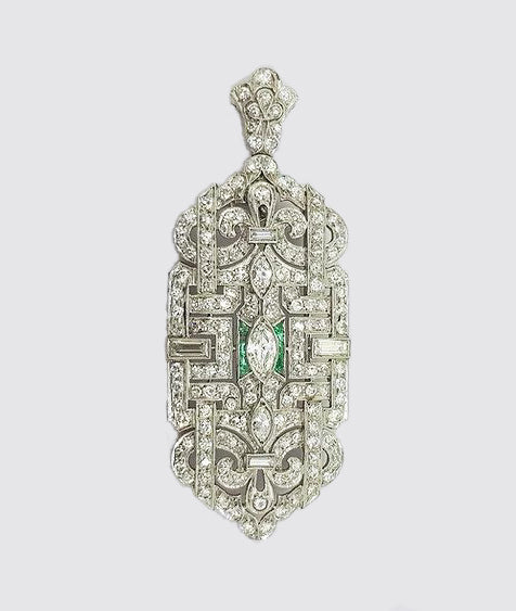 Antique Diamond and Emerald set Brooch Pendant; set with marquise and brilliant cut diamonds, central emerald border, geometric design, 18ct white gold