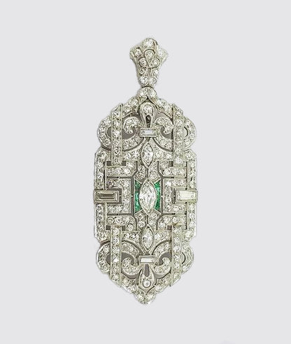 Antique Diamond and Emerald set Brooch Pendant; set with marquise and brilliant cut diamonds, central emerald border, geometric design, 18ct white gold