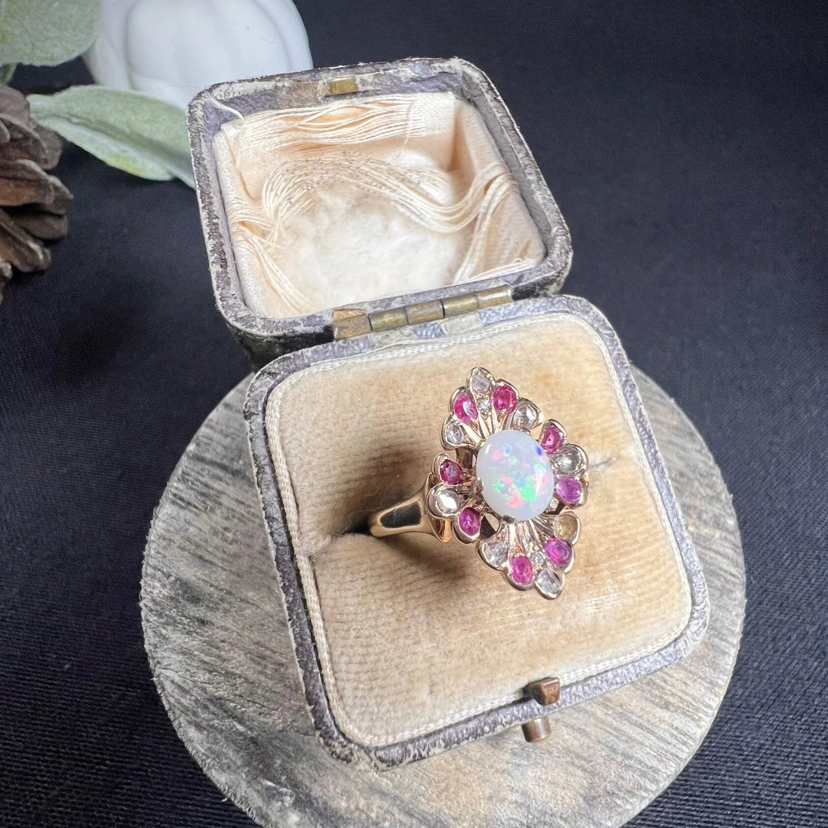 Victorian Antique Opal Ruby and Diamond Marquise Cluster Navette Ring in 18ct Rose Gold