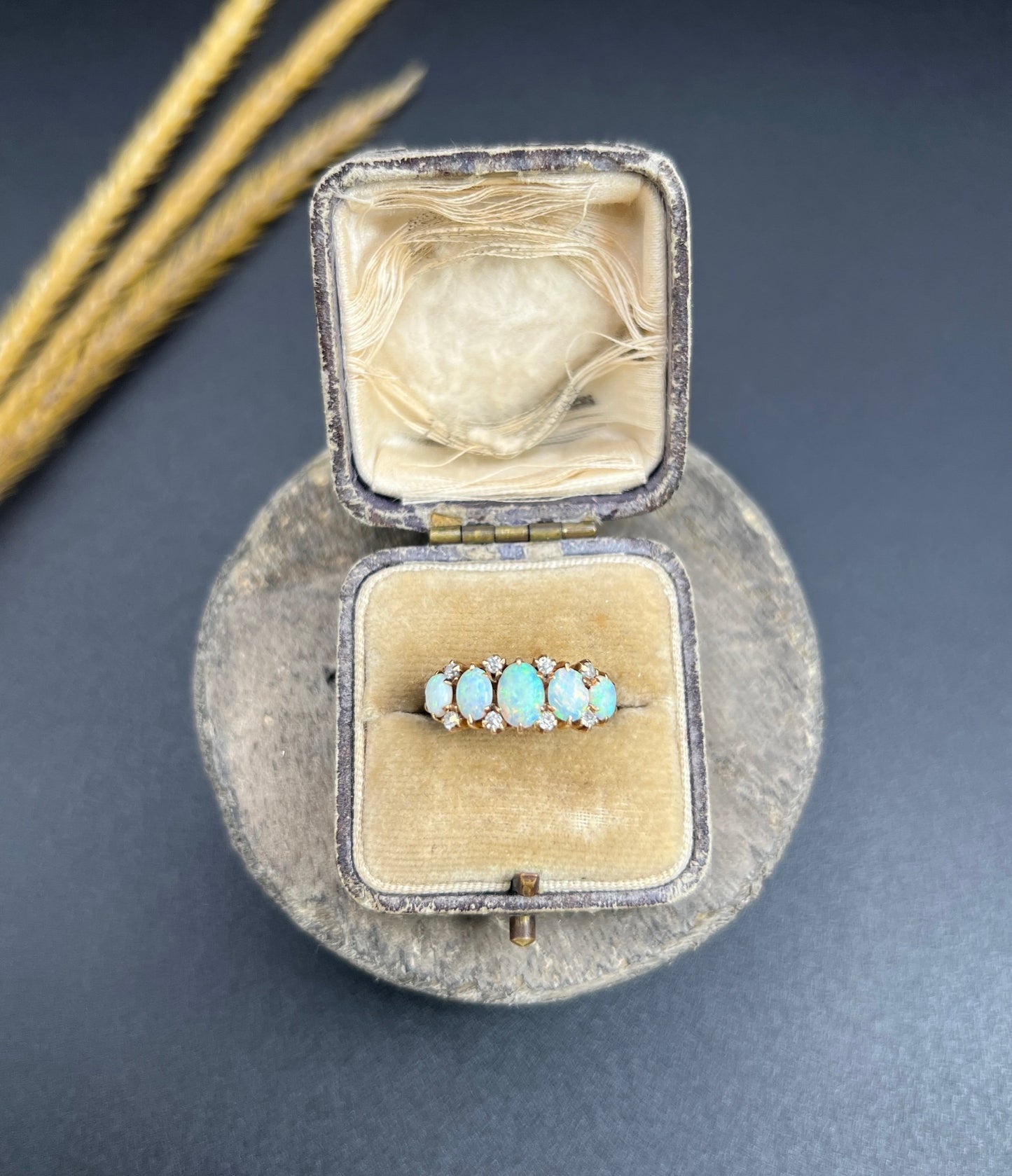 Antique 14ct Yellow Gold Stamped, 1920s Opal & Diamond Five Stone Ring