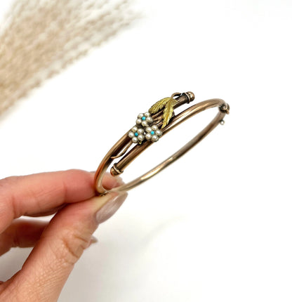 Antique 9 Carat Rose Gold Turquoise and Seed Pearl Forget Me Not Bangle, Circa 1910