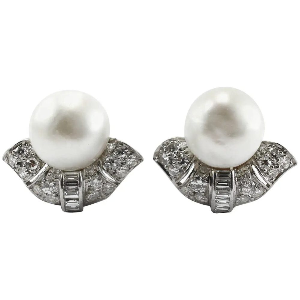 Art Deco Natural Pearl and Diamond Clip On Earrings