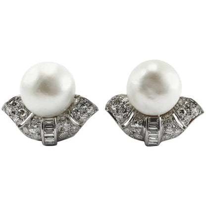 Art Deco Natural Pearl and Diamond Clip On Earrings