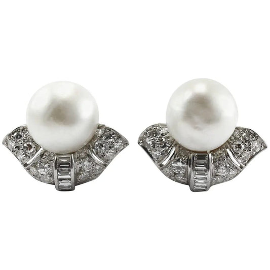 Art Deco Natural Pearl and Diamond Clip On Earrings