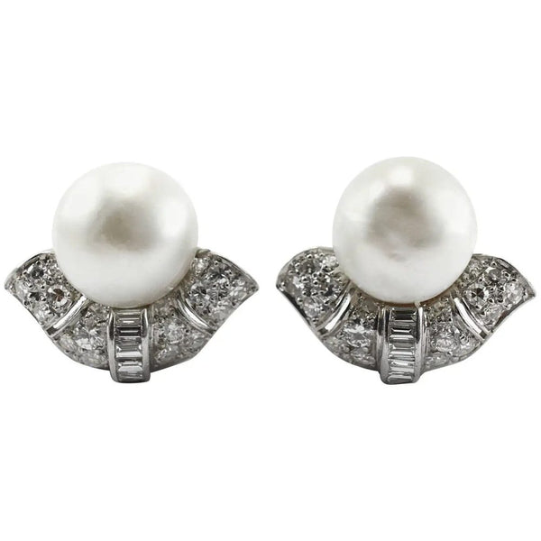 Art Deco Natural Pearl and Diamond Clip On Earrings