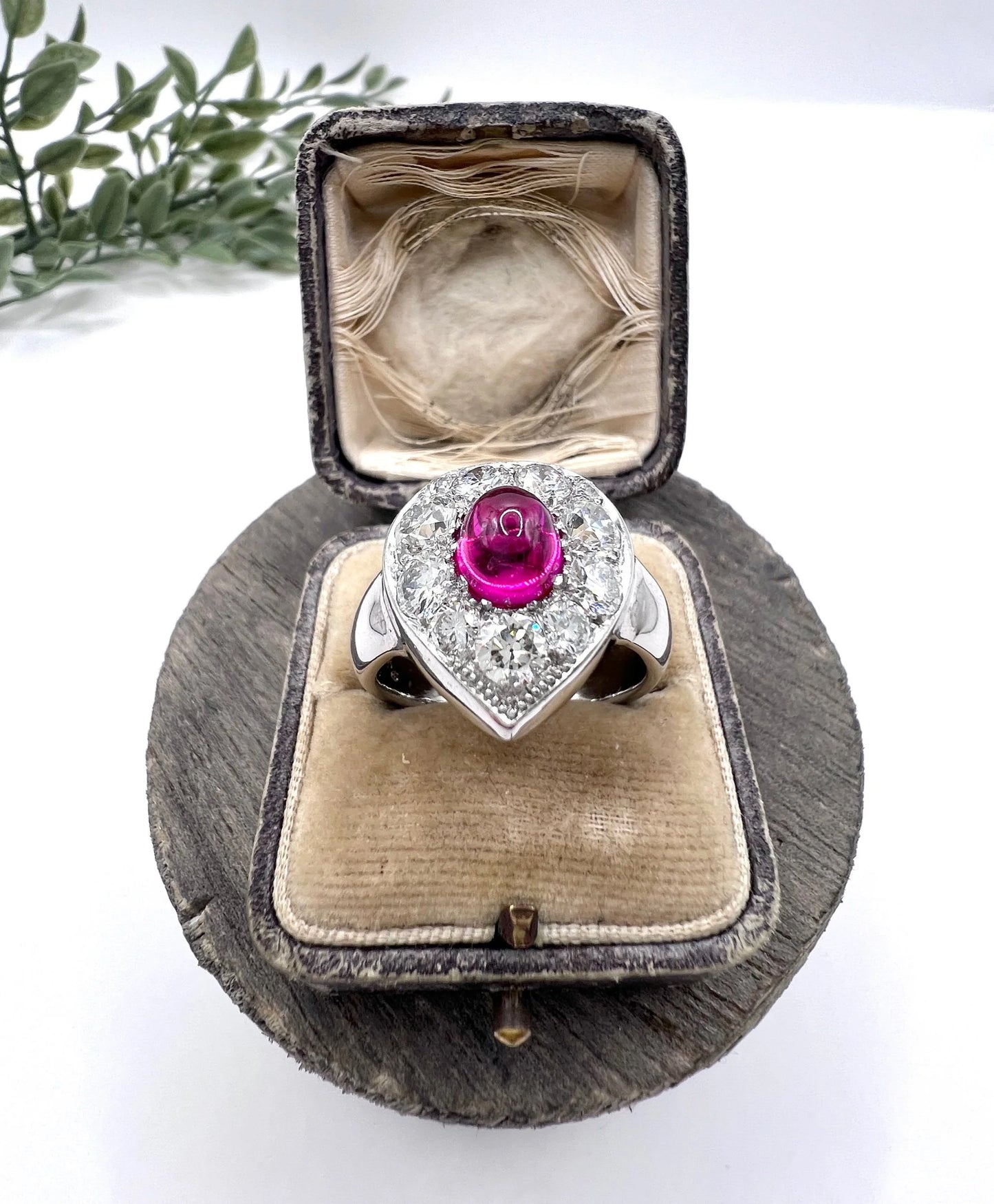 Vintage 14ct White Gold, Cabochon Ruby Heart-Shaped Diamond Cluster Ring