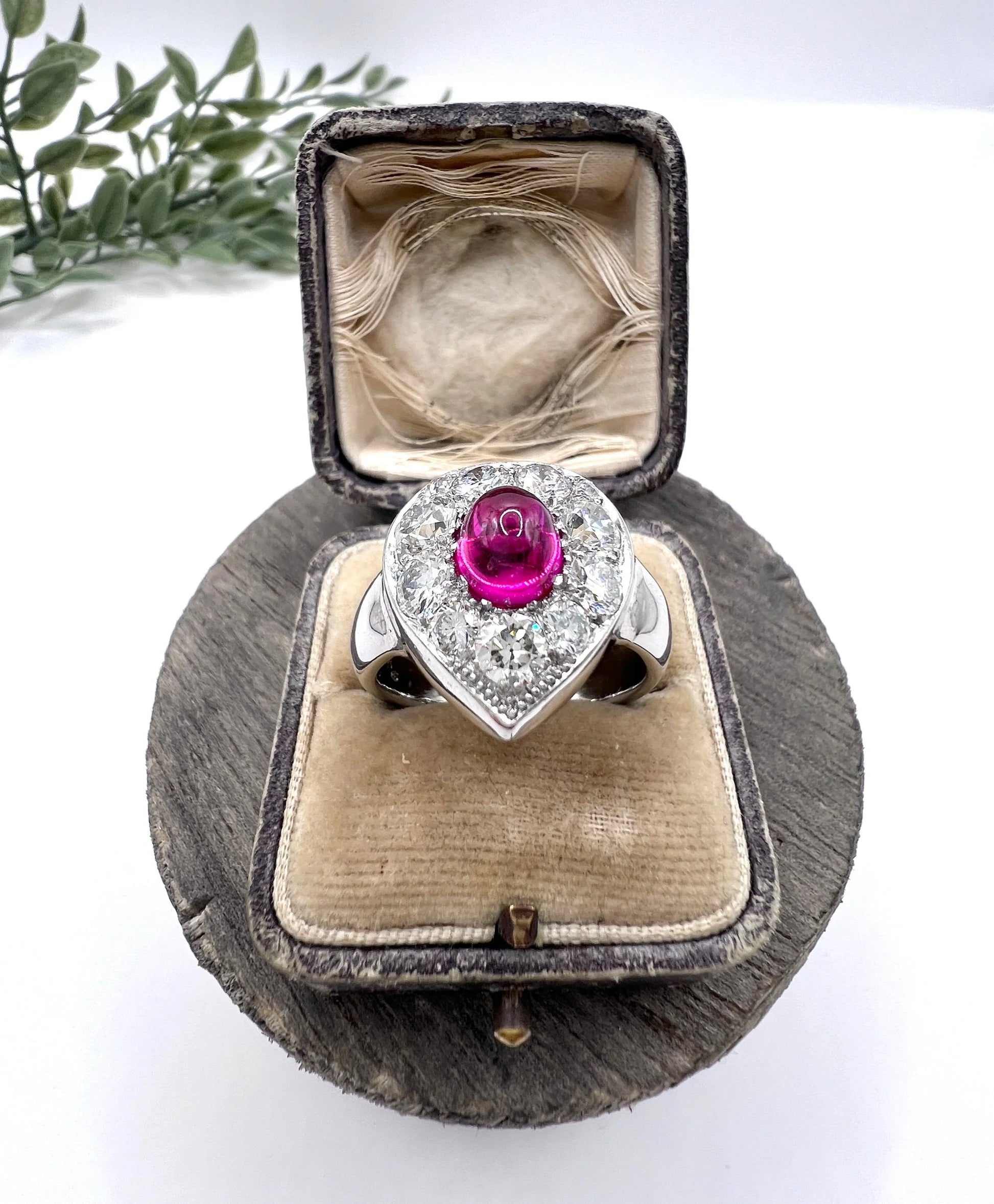Vintage 14ct White Gold, Cabochon Ruby Heart-Shaped Diamond Cluster Ring