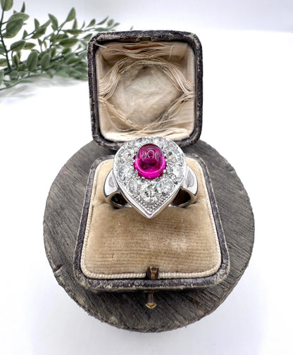 Vintage 14ct White Gold, Cabochon Ruby Heart-Shaped Diamond Cluster Ring