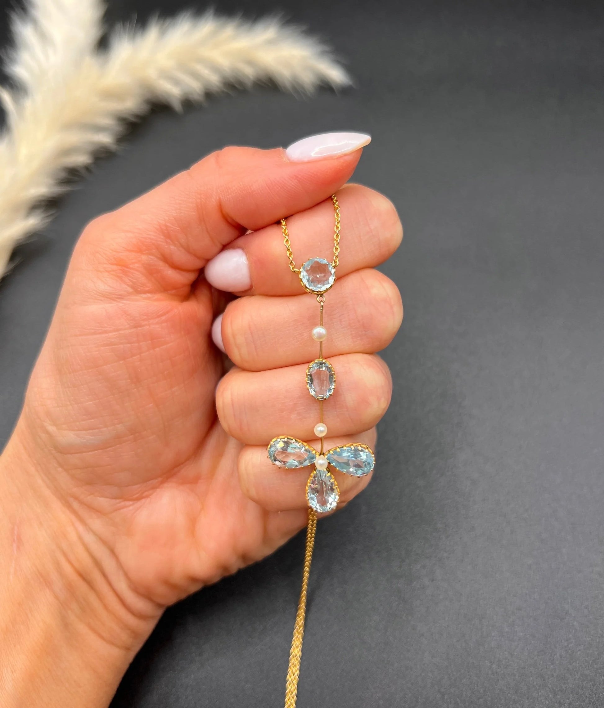 Antique 9 ct Yellow Gold, Edwardian Aquamarine And Pearl Floral Pendulum Drop Pendant