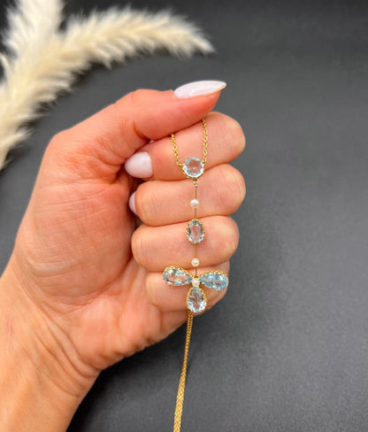 Antique 9 ct Yellow Gold, Edwardian Aquamarine And Pearl Floral Pendulum Drop Pendant