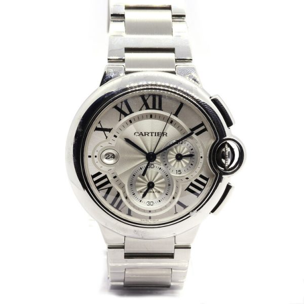 Cartier Ballon Bleu 3109 Stainless Steel 44mm Automatic Chronograph Watch; silver guilloche dial with Roman numerals, date aperture at 9, two chronograph dials, blue cabochon gem set crown and sapphire crystal, on a Cartier stainless steel bracelet, Comes in a Cartier box