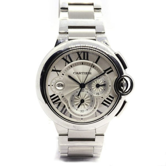 Cartier Ballon Bleu 3109 Stainless Steel 44mm Automatic Chronograph Watch; silver guilloche dial with Roman numerals, date aperture at 9, two chronograph dials, blue cabochon gem set crown and sapphire crystal, on a Cartier stainless steel bracelet, Comes in a Cartier box