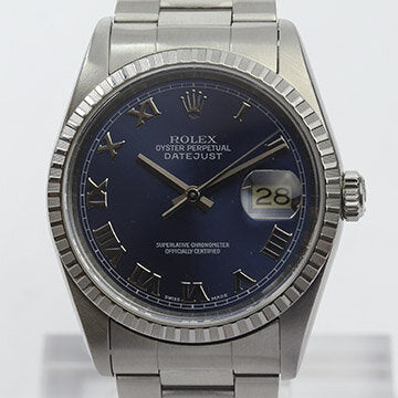 Rolex Datejust 16220 Stainless Steel Gents 36mm Automatic Watch with Oyster Bracelet; blue dial, Roman numerals, date indicator and sapphire crystal
