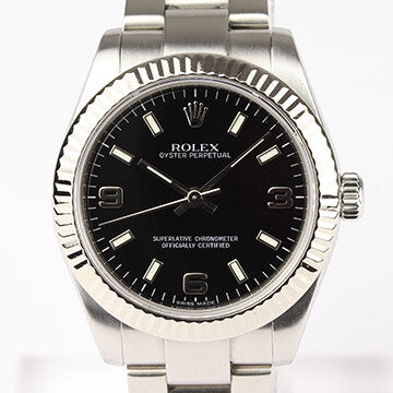 Rolex Oyster Perpetual Midsize 31mm Steel and White Gold Automatic Watch; Ref 177234, black dial, screw down crown and sapphire crystal, on a stainless steel Oyster bracelet, Circa 2006-2007