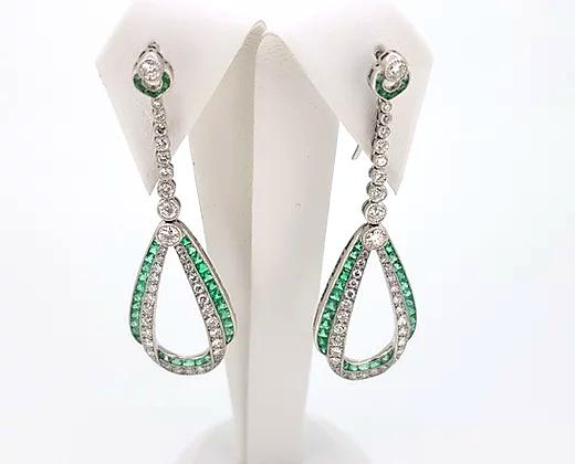 Emerald and Diamond Drop Earrings set in Platinum