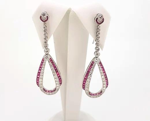 Art Deco Style Ruby Diamond and Platinum Drop Earrings