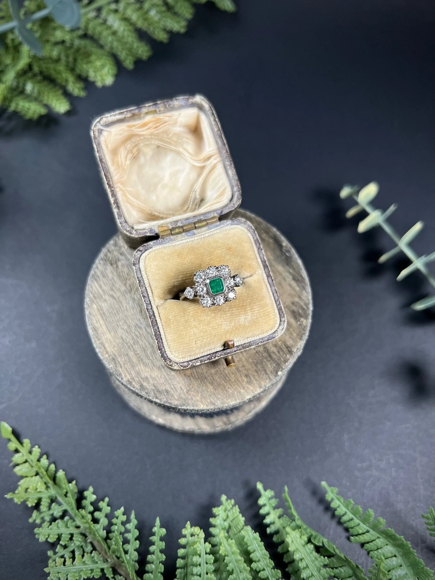 Vintage 18 Carat White Gold Emerald and Diamond Square Cluster Ring, Circa 1940