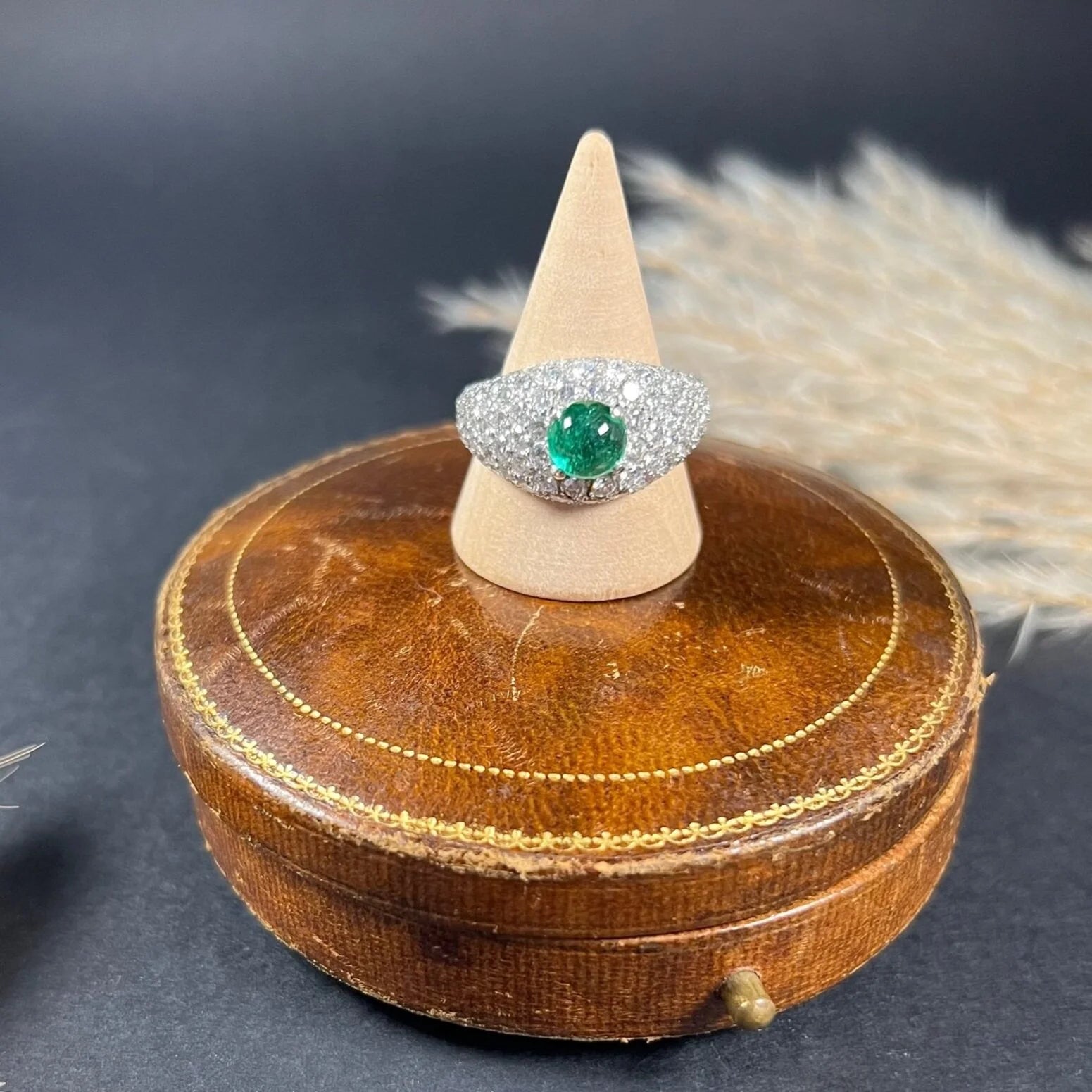 Vintage French Cabochon Emerald and Diamond Cluster Bombe Ring, Circa 1940s