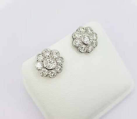 Diamond Daisy Cluster Stud Earrings, 2.55 carat total, in 18ct white gold