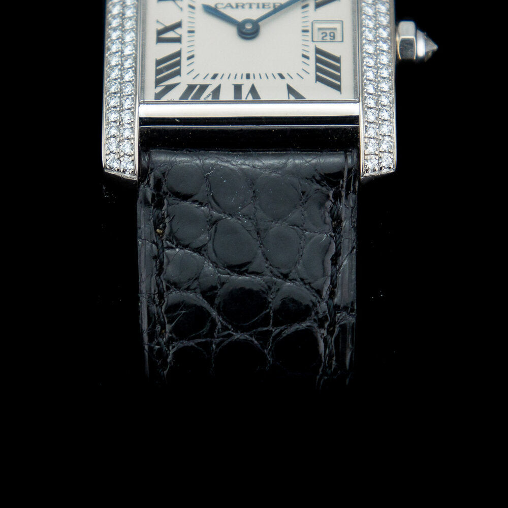 Vintage Cartier Tank Francaise 2404 18ct White Gold Factory Diamond Medium Model Watch with Box and Papers 2005