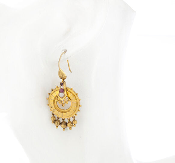 Antique Victorian 15ct Yellow Gold, Pearl and Ruby Drop Earrings