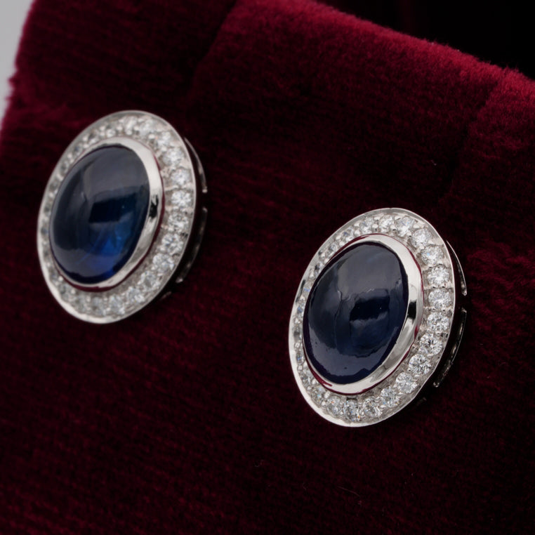 Vintage 6.50ct Natural No Heat Cabochon Sapphire and Diamond Cluster Earrings in Platinum