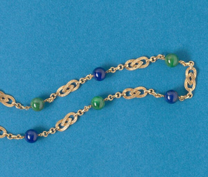 Vintage Georges Lenfant Lapis Lazuli, Zoisite and 18ct Gold Long Chain; intertwined textured gold links with large lapis and zoisite balls, Signed, c.1970