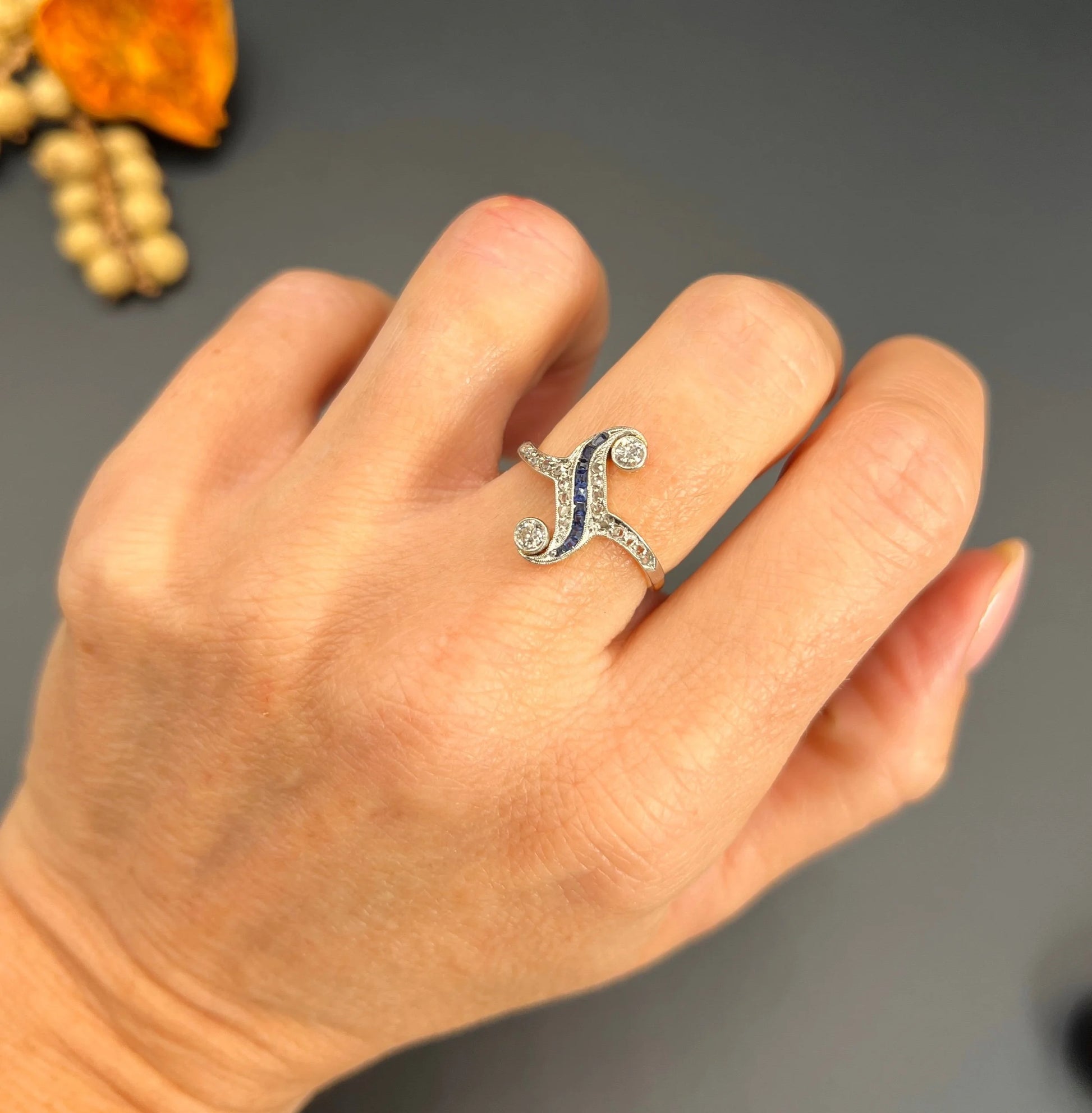 Antique Art Deco 18 Carat Gold And Platinum Sapphire Diamond Swirl Ring