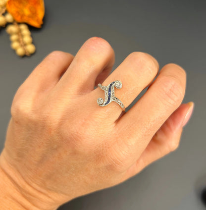 Antique Art Deco 18 Carat Gold And Platinum Sapphire Diamond Swirl Ring
