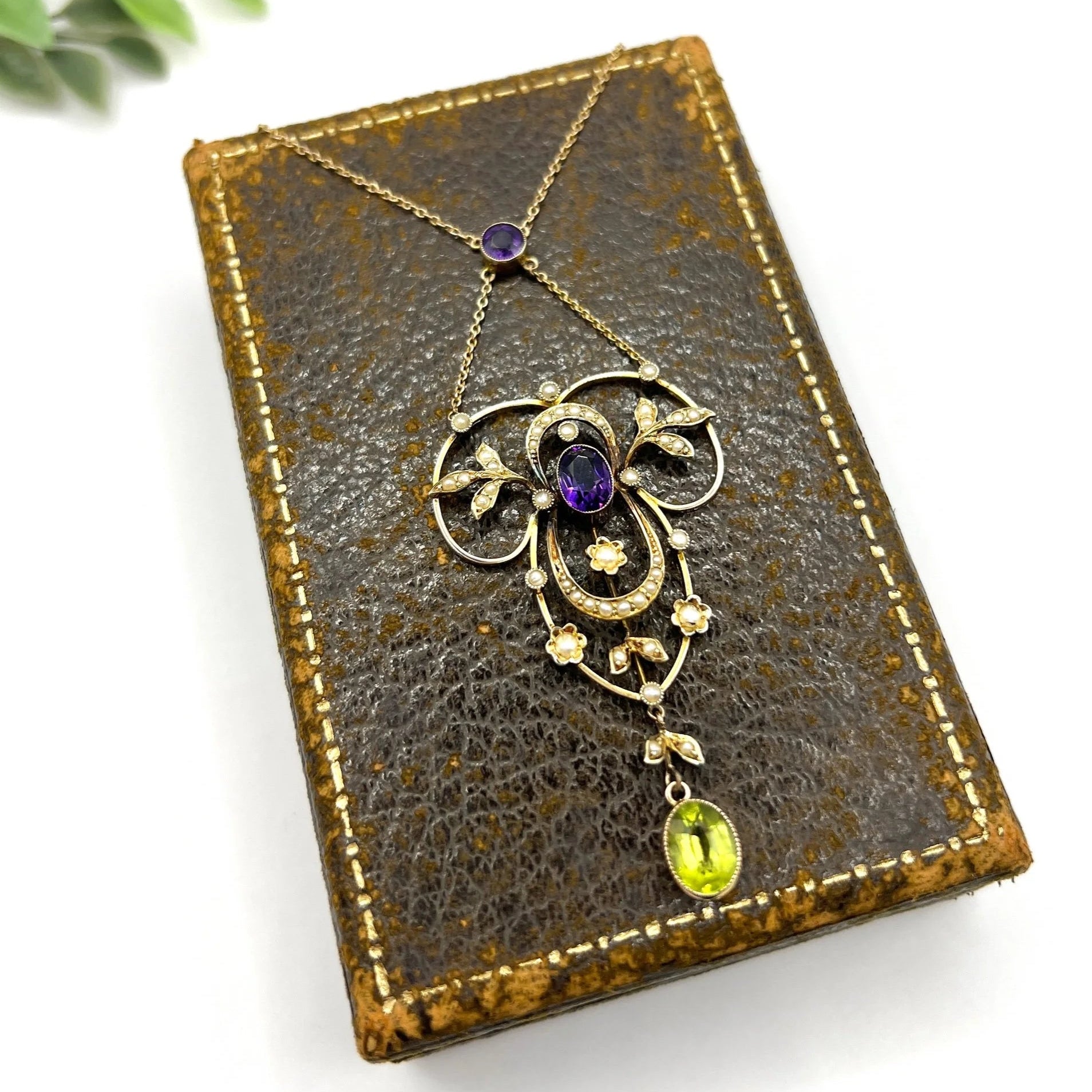 Antique Edwardian 9ct Gold Stamped Suffragette Pendant Necklace with Amethyst Peridot Seed Pearls