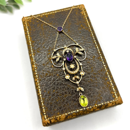 Antique Edwardian 9ct Gold Stamped Suffragette Pendant Necklace with Amethyst Peridot Seed Pearls