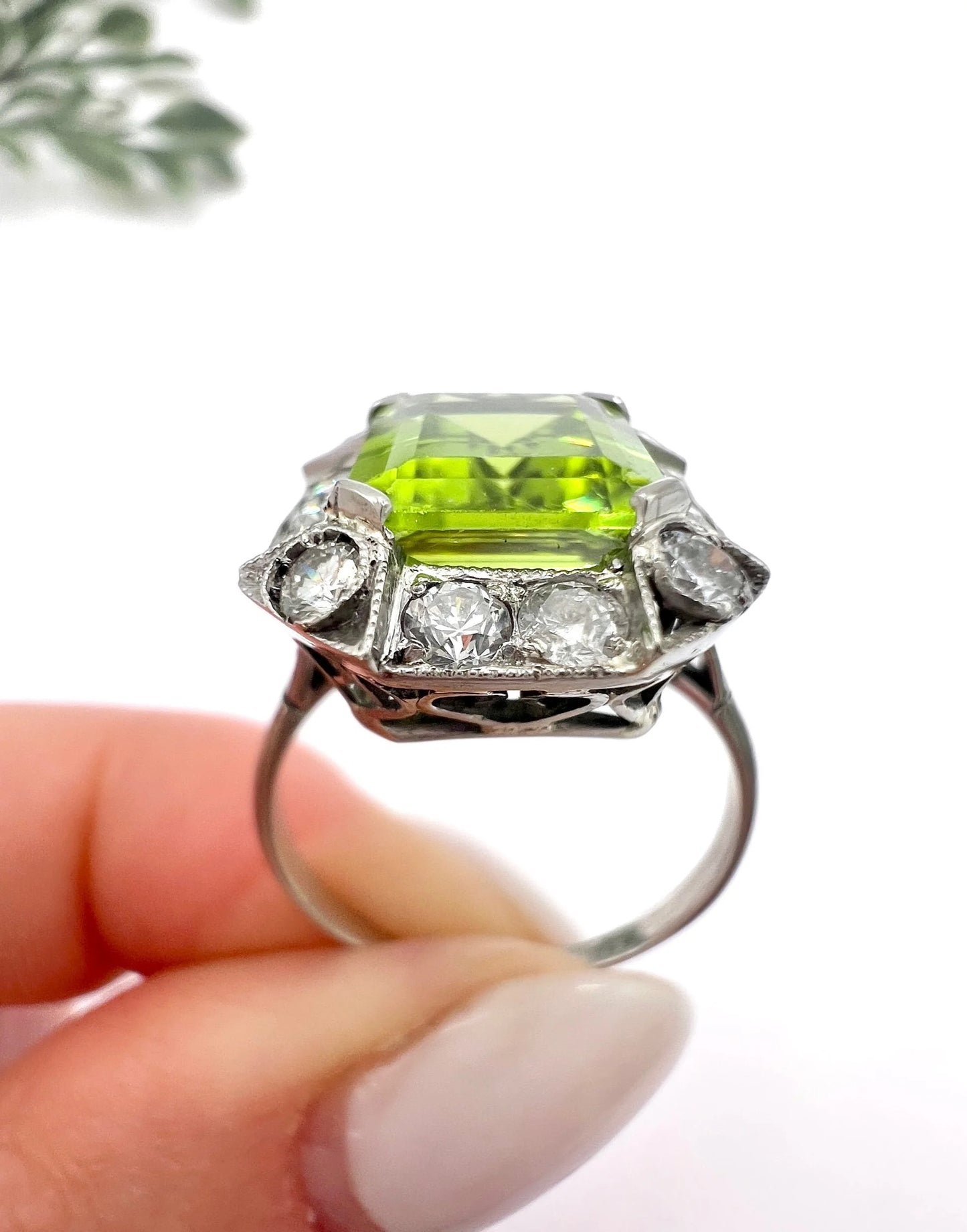 Antique 18ct White Gold & Platinum, 1920s Peridot and Diamond Rectangular Halo Cluster Ring
