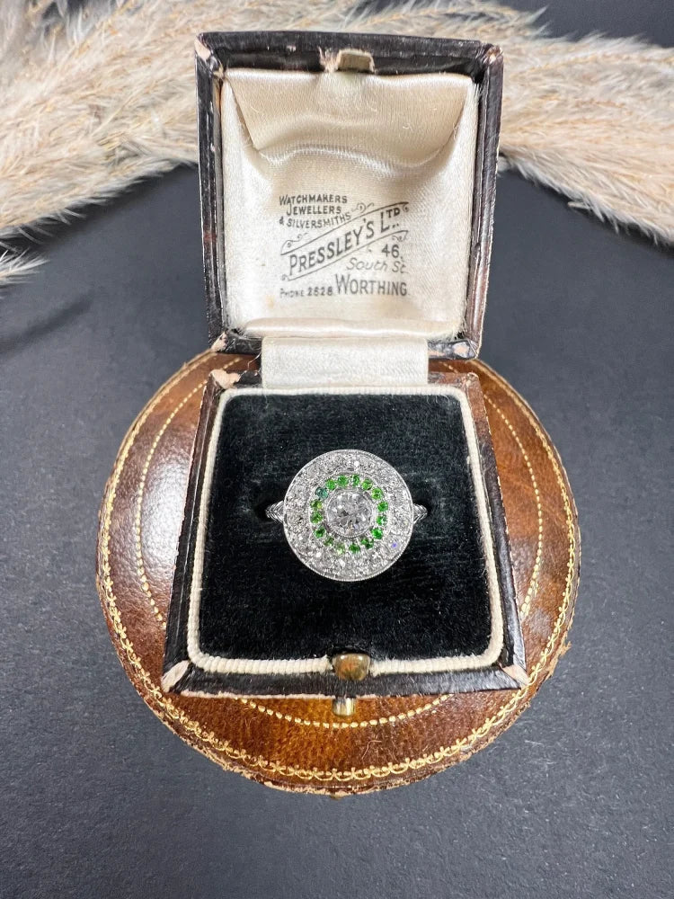 Edwardian Antique Demantoid Garnet and Diamond Target Cluster Ring