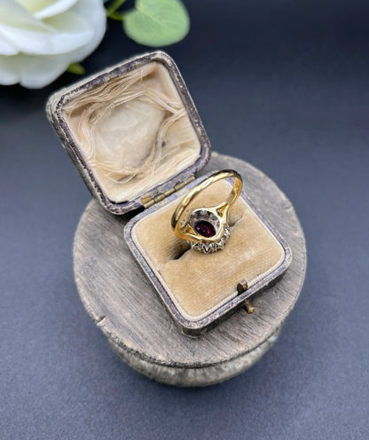 Vintage 18ct Gold, 1950s Ruby & Diamond Cluster Ring