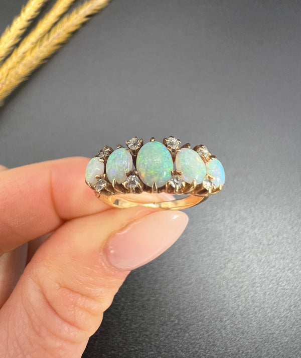 Antique 14ct Yellow Gold Stamped, 1920s Opal & Diamond Five Stone Ring