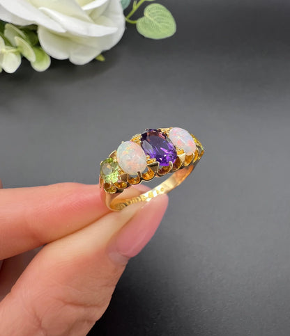 Antique 18 ct Gold, Amethyst, Opal And Peridot Suffragette Ring
