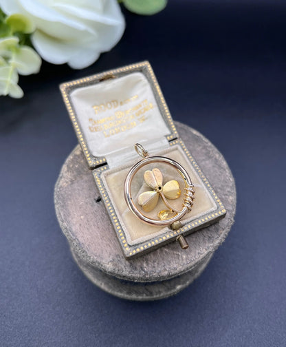 Antique 15 ct Gold, Edwardian Green Enamel And Pearl, 3 Leaf Clover Shamrock Pendant