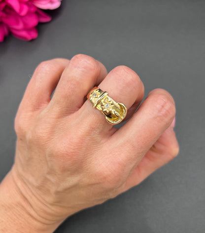 Antique 18ct Yellow Gold, Star Set Diamond Buckle/Belt Ring, Hallmarked Birmingham 1919