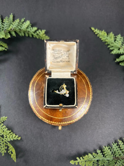 Art Nouveau 18 Carat Gold Old Cut Diamond and Natural Pearl Peacock Bird Ring
