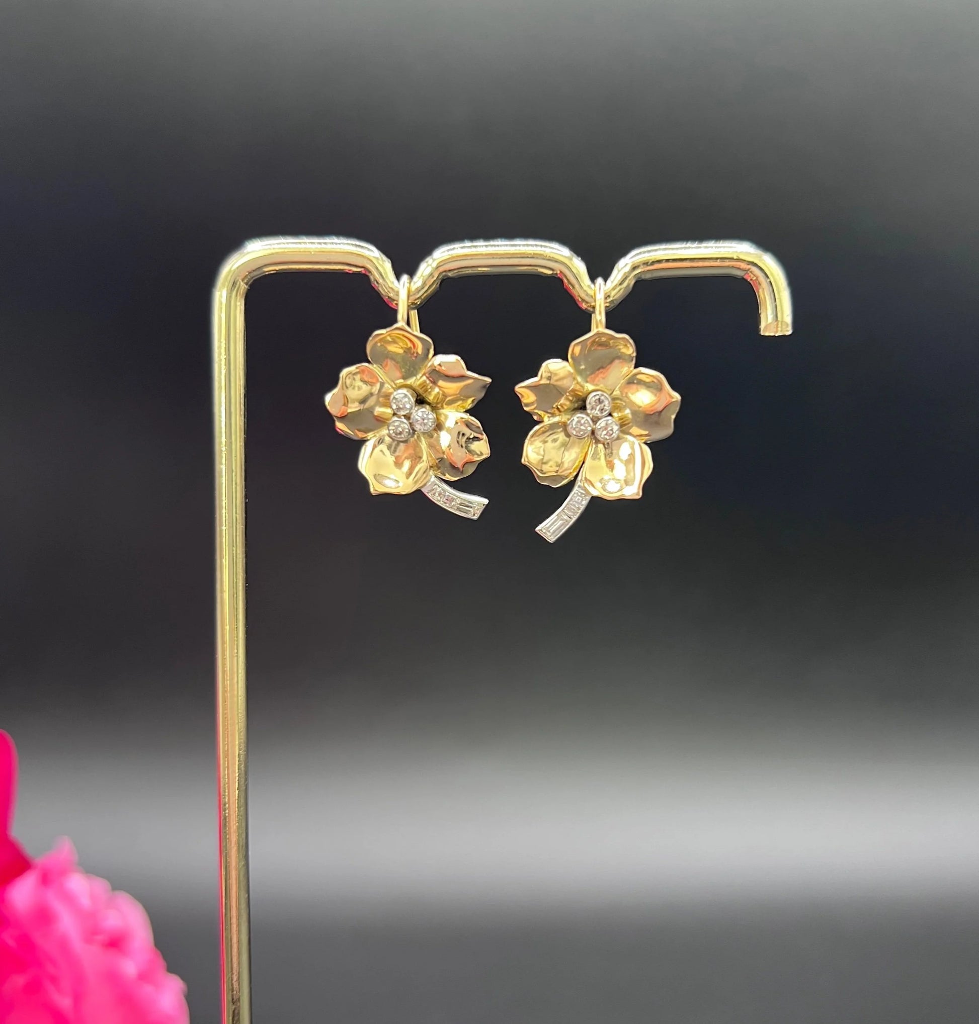 Vintage 18 Carat Yellow and White Gold Diamond Flower Earrings, Circa 1940