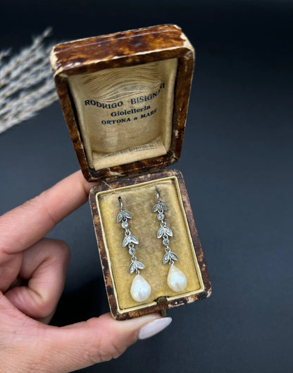Antique 18 ct White Gold, 1920's Diamond And Pearl Drop Earrings