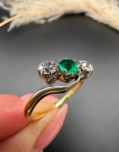 Antique 18 ct Gold And Platinum 1920's Emerald And Diamond Crossover Trilogy Engagement Ring