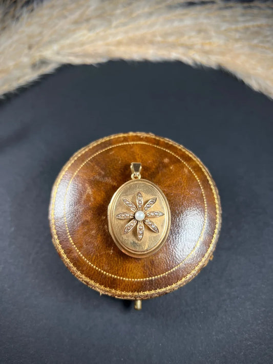 Antique 18 Carat Rose Gold Oval Shaped Locket With Pearl Flower