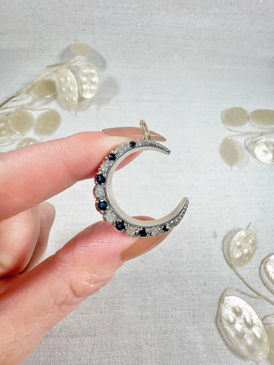 Victorian 9 Carat Gold, Silver, Sapphire and Diamond Crescent Moon Pendant