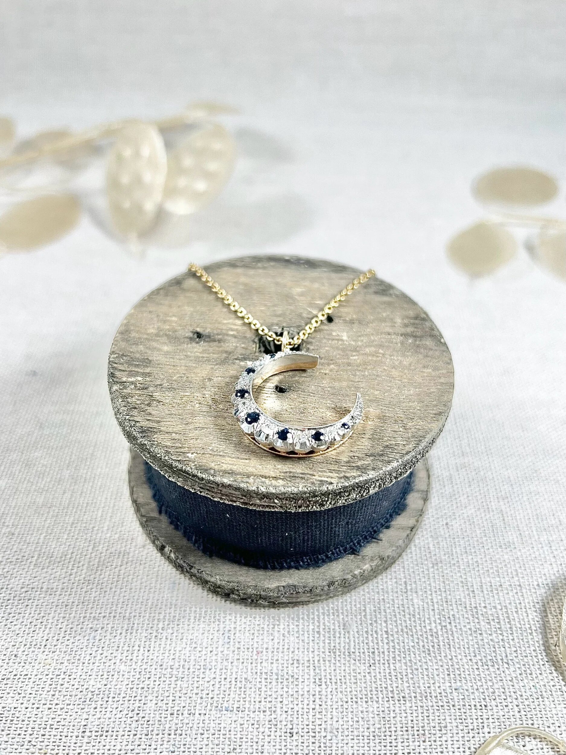 Victorian 9 Carat Gold, Silver, Sapphire and Diamond Crescent Moon Pendant