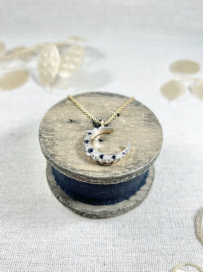 Victorian 9 Carat Gold, Silver, Sapphire and Diamond Crescent Moon Pendant